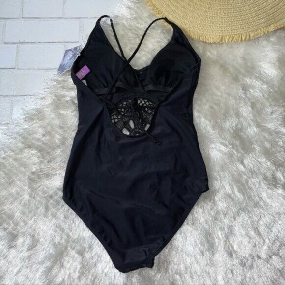 YMI Black Cutout Lace Center One Piece Swimsuit - Picture 4 of 5